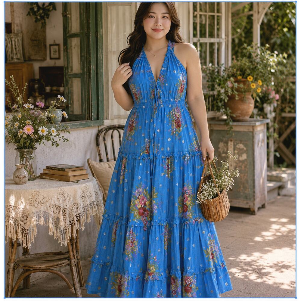 House of Harlow 1960 Helena Blue Raw Hem Floral Boho Maxi Dress S